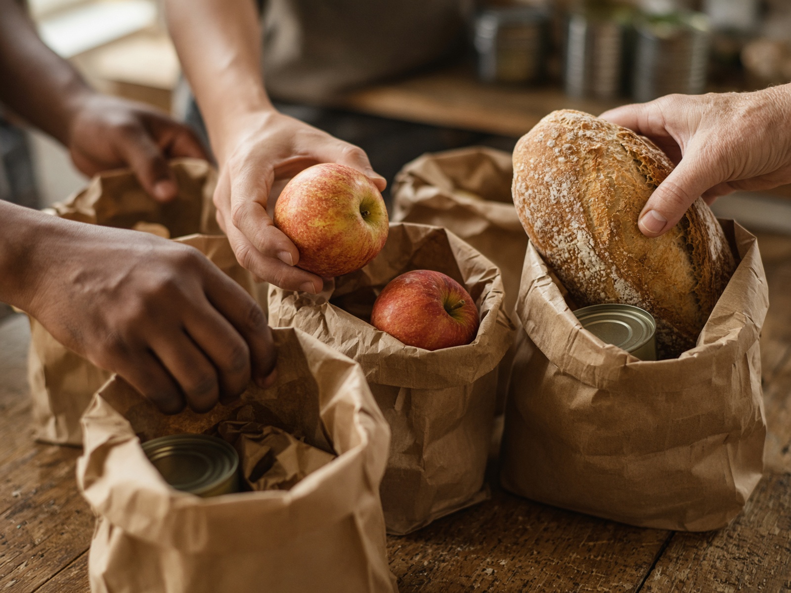 Hands packing food into bags